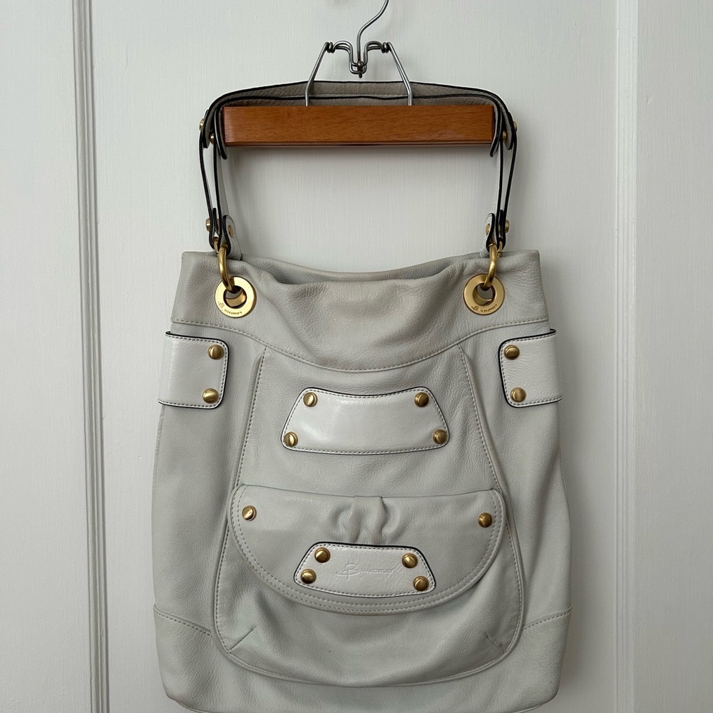 B. Makowsky Pale Aqua and White Leather Shoulder Bag
